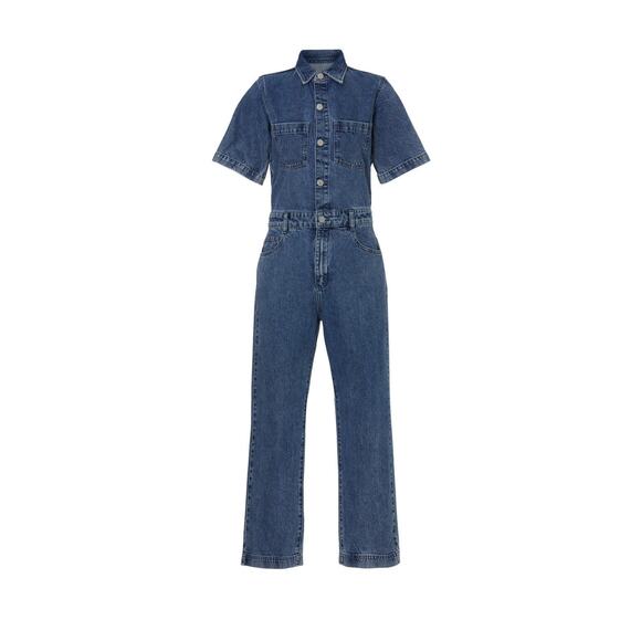 DL1961 Hannah Blue Denim Straight Leg Short Sleeve Collared Jean Jumpsuit Size L - Picture 4 of 14